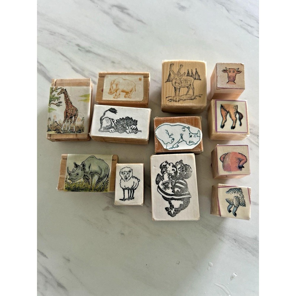 Lot of 12 Wooden Stamps Stamping Unbranded Sheep Rhinoceros Giraffe Moose HHH